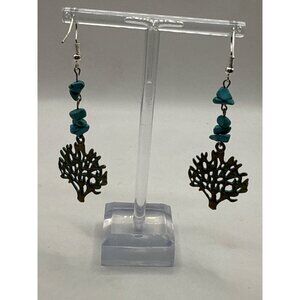 Turquoise Colored Coral Reef Drop Earrings With Brass Charms & Hooks